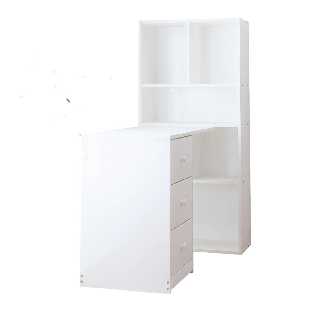 Scrivania angolare con libreria 4 ripiani e 3 cassetti per home office in legno bianco 117 × 63 × 135 cm