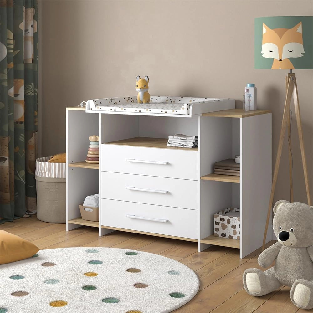 Fasciatoio Oskar, Rovere bianco/dorato, 143.2 x 93 cm con 3 cassetti, adatto come fasciatoio con area di appoggio estensibile