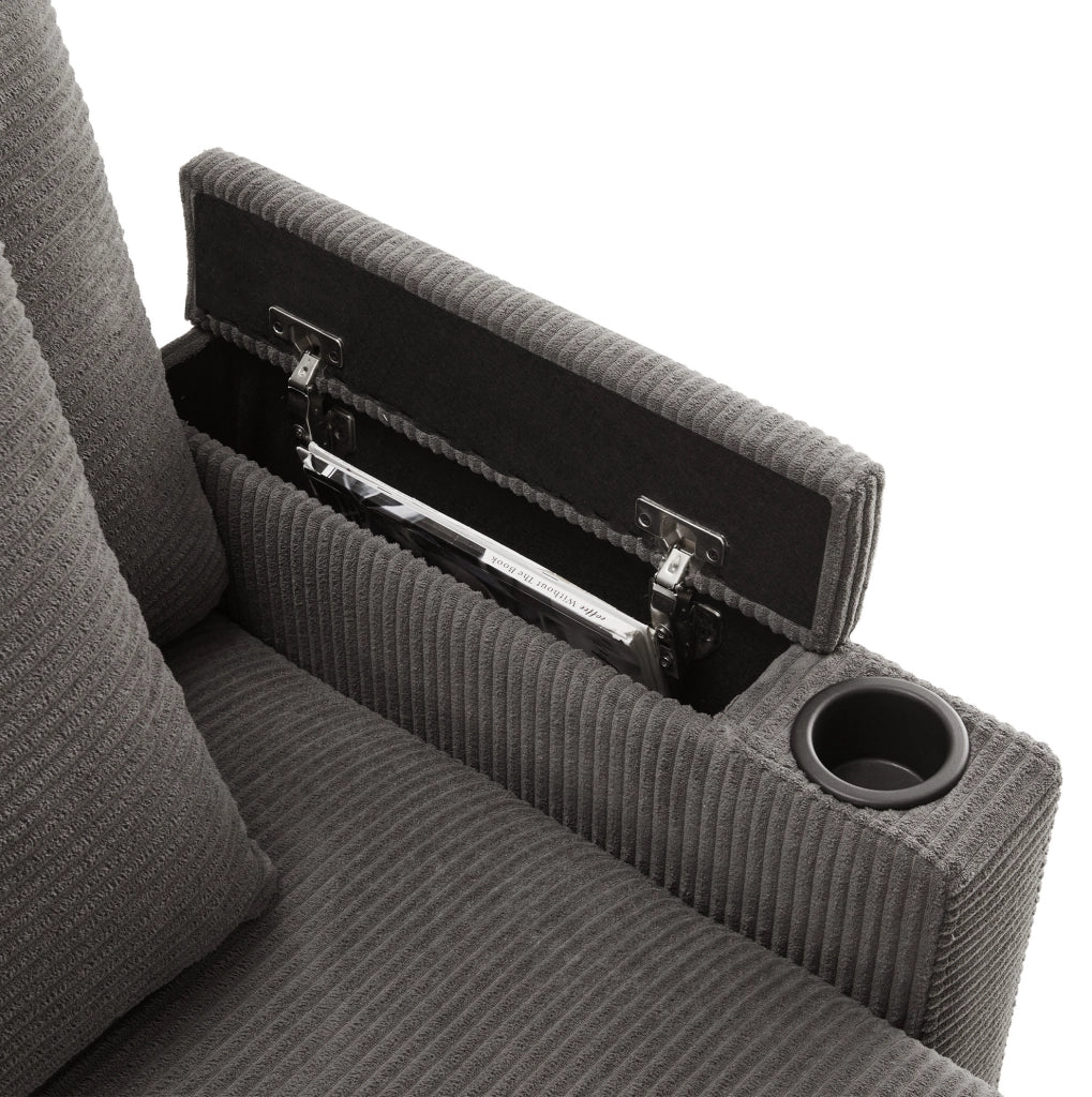 Divano angolare L 213.5x139x87 cm con USB; portaoggetti in corduroy dark gray