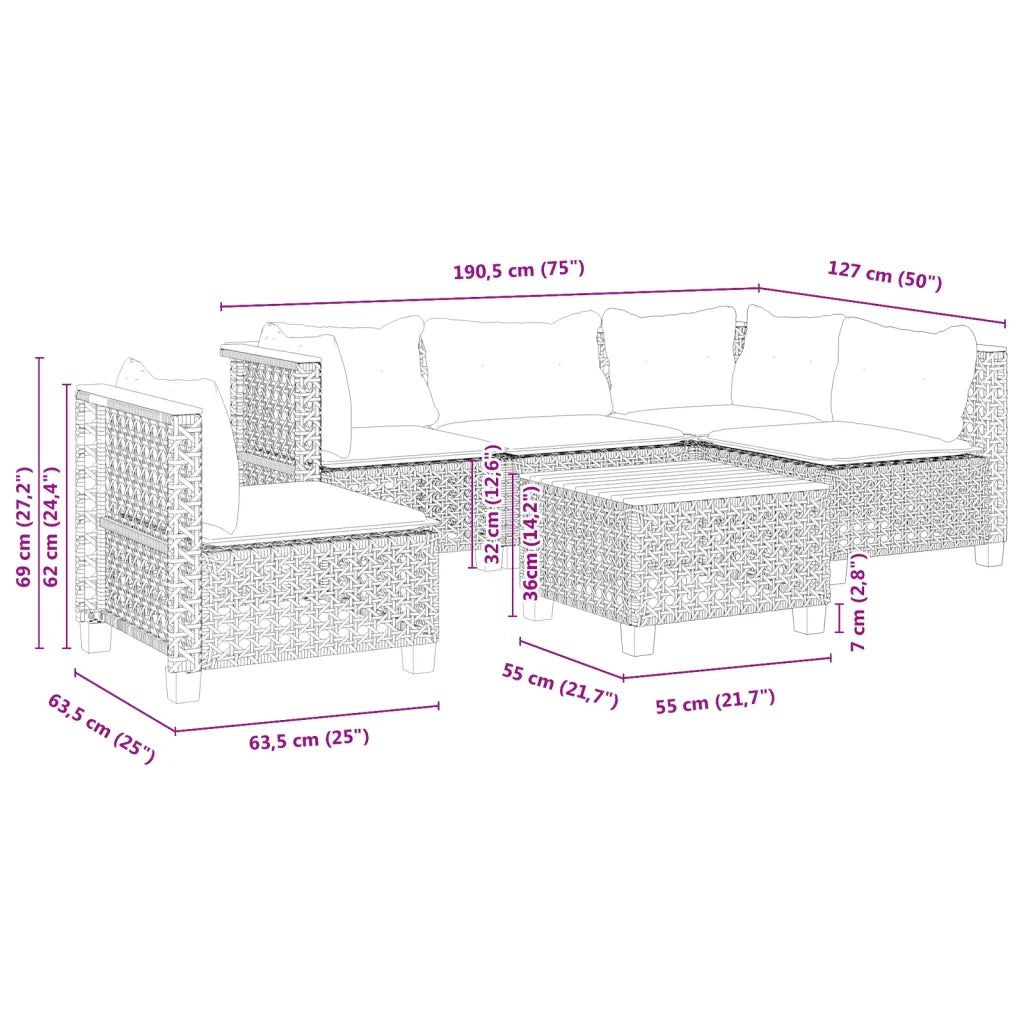Set Divano da Giardino 6 pz con Cuscini Nero in Polyrattan 3261842