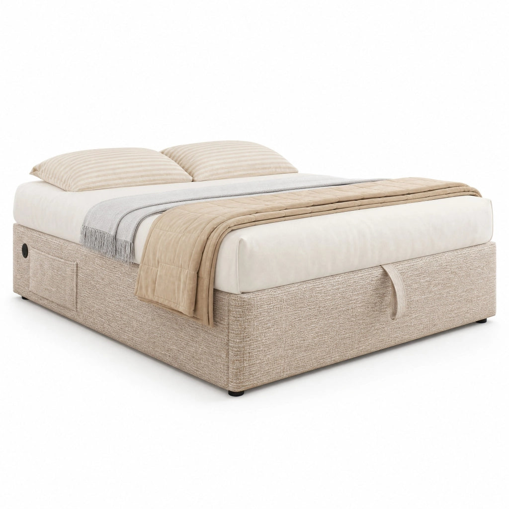 Letto matrimoniale contenitore 160 ¡Á 200 cm in lino beige e naturale con rete continua USB e Type-C