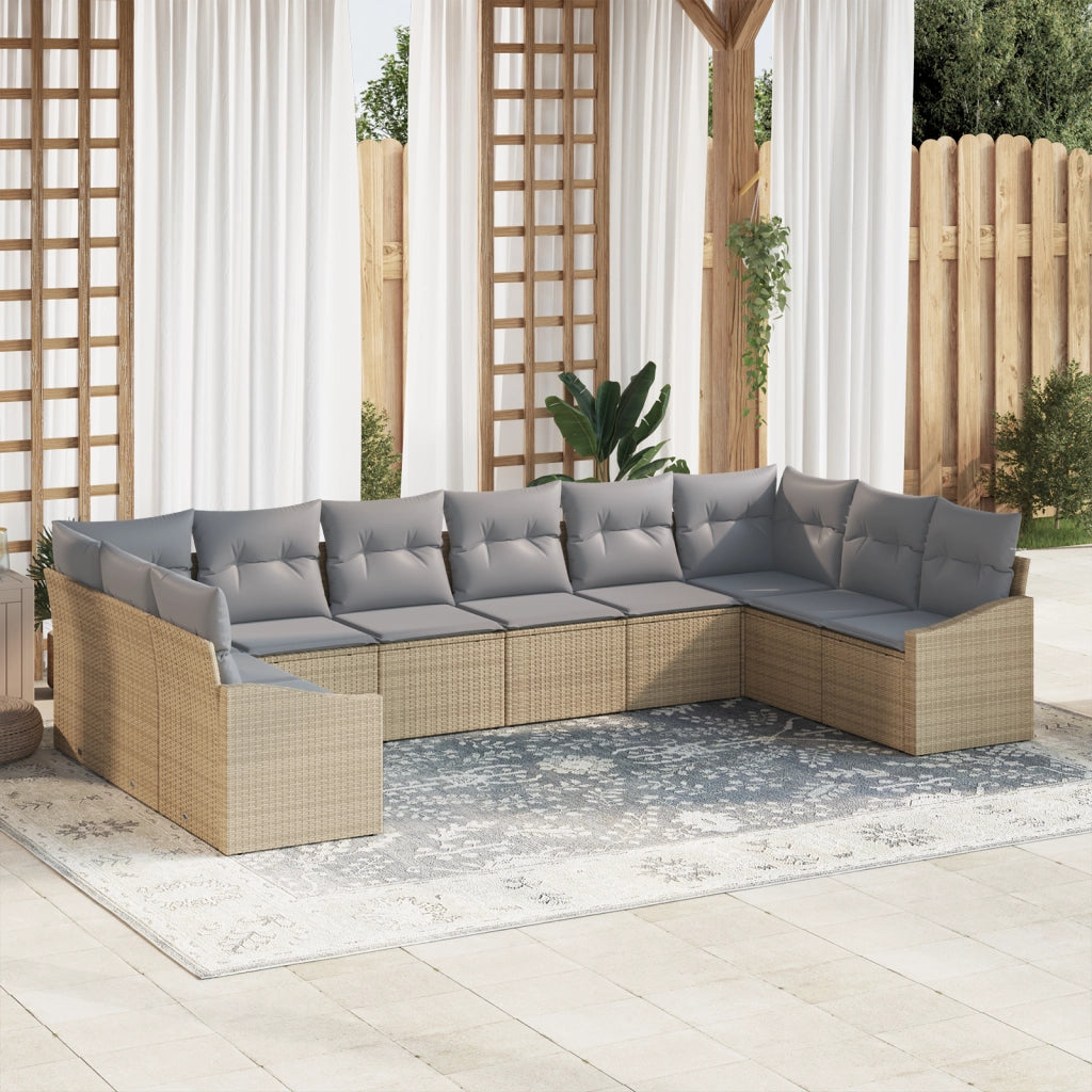 Set da Pranzo da Giardino in 10 Pezzi con Cuscini Beige in Polyrattan