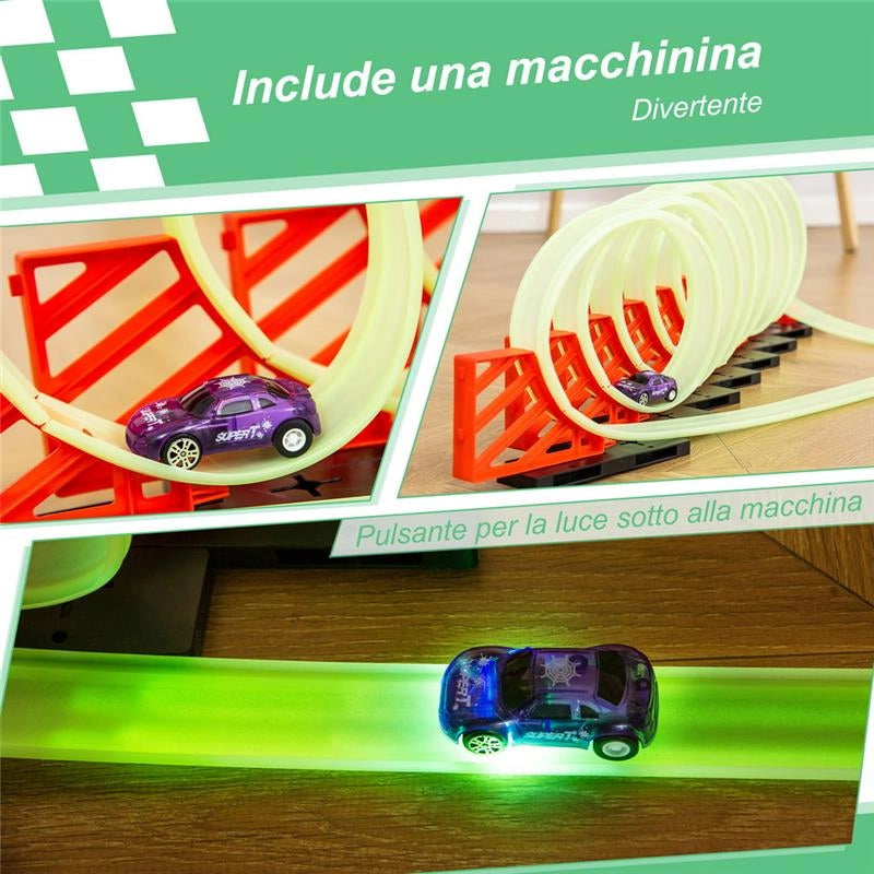 PISTA PER MACCHININE CON EFFETTI LUMINOSI E AUTOMOBILINA, PER BAMBINI