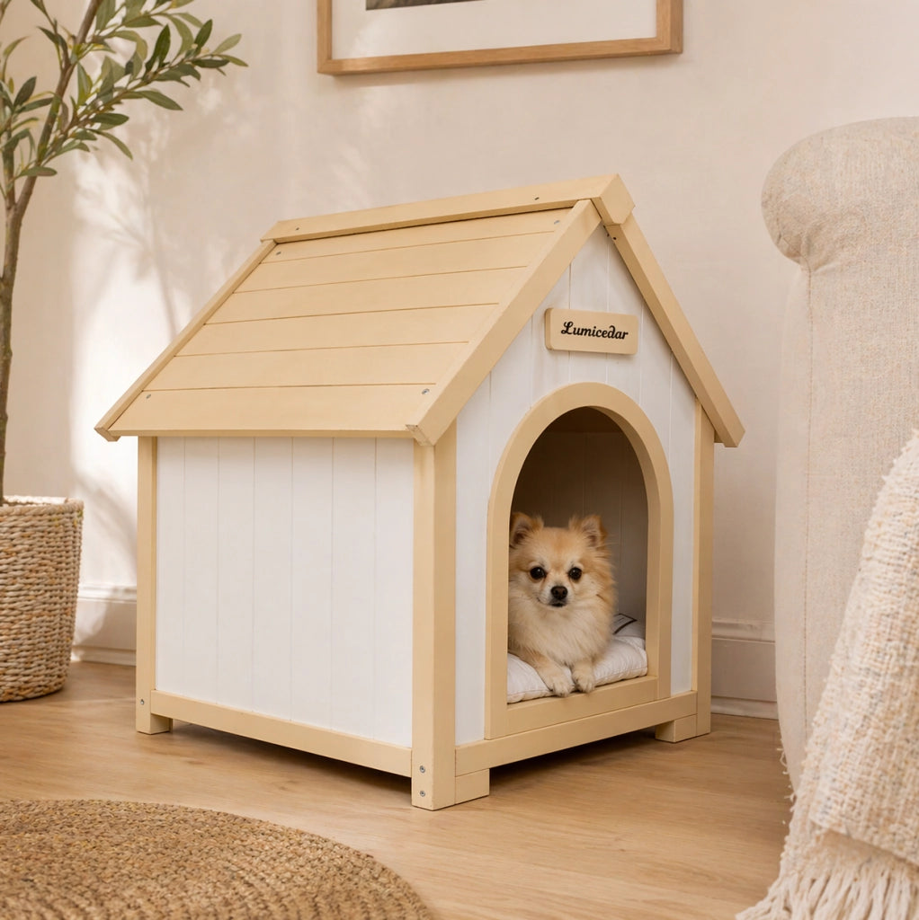 Casetta per animali da interno in legno massello FSC; design A-Frame; crema e bianco