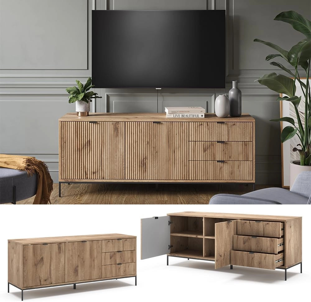 Tavolo basso Eliza, Quercia vichinga, 150 x 60 cm con 3 cassetti, 2 ante, utilizzabile come supporto TV e per la conservazione