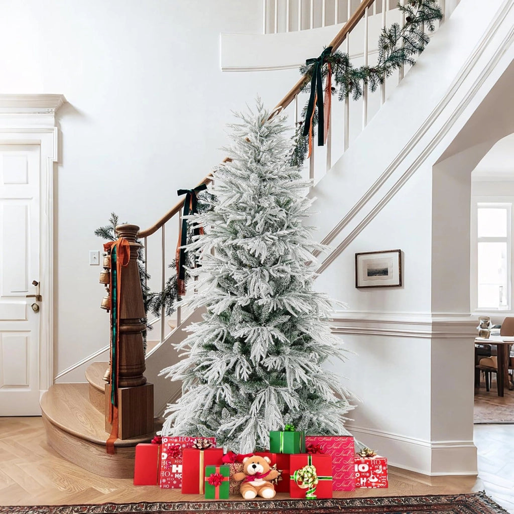 Albero di Natale Artificiale Innevato 180 cm, Albero di Natale Pre-illuminata con 250 Luci LED Bianco Caldo, 594 Punte di Ramo e Supporto in Metallo