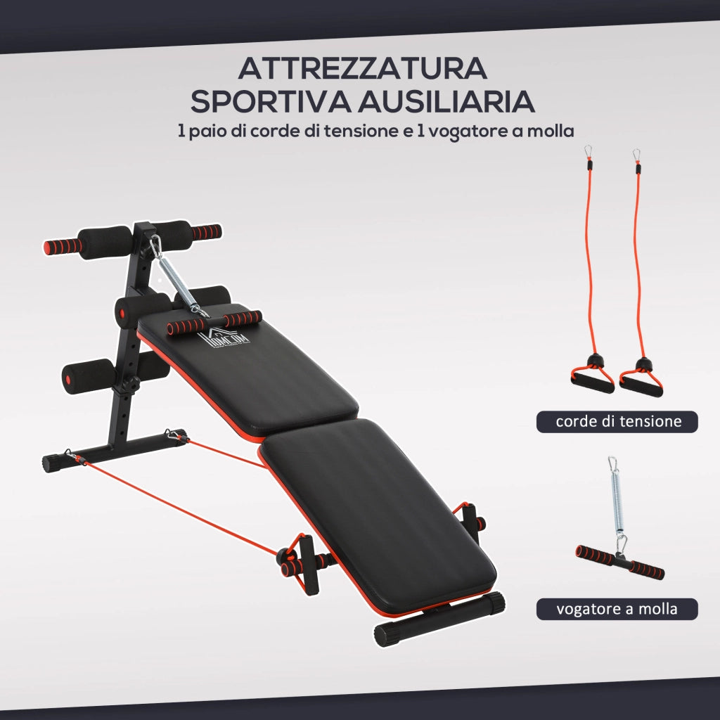 Panca per Addominali Pieghevole e Regolabile con Vogatore e 2 Corde, in Acciaio 51x137x50-66 cm, Nera e Rossa
