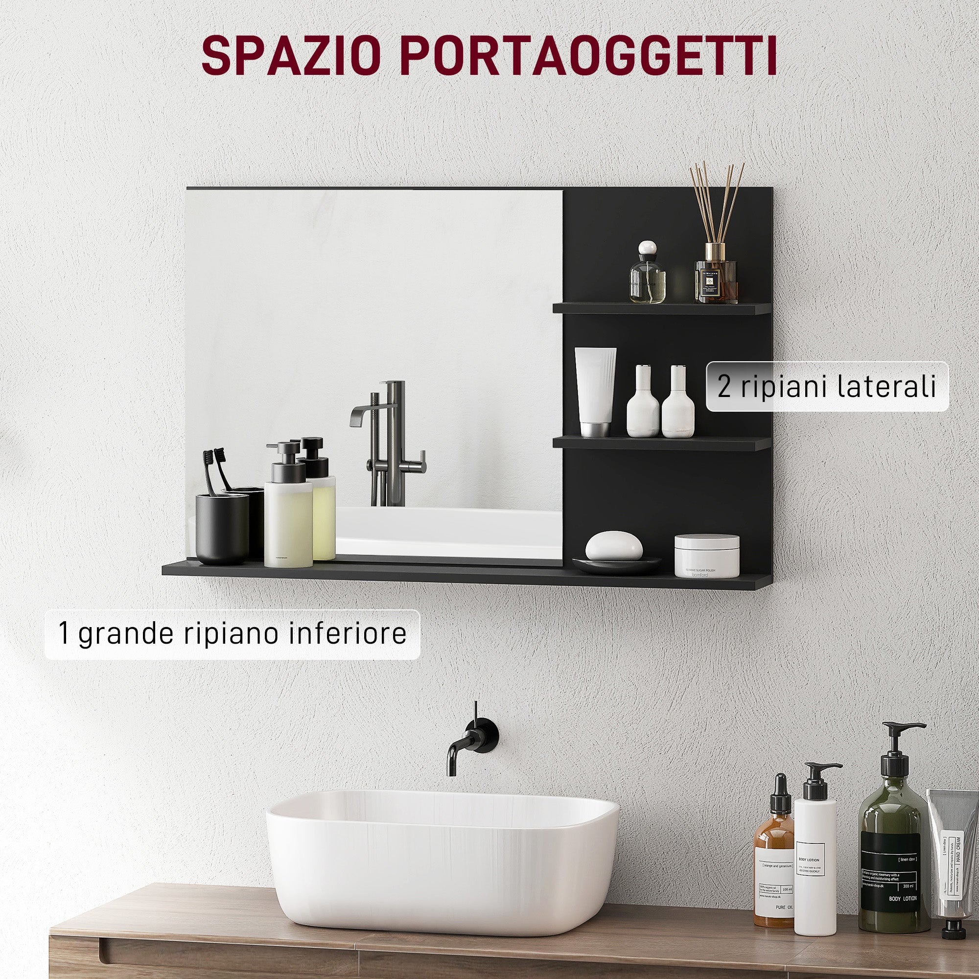 Specchio Bagno da Parete 75x10x48 cm con Mensole in Legno e Vetro Nero