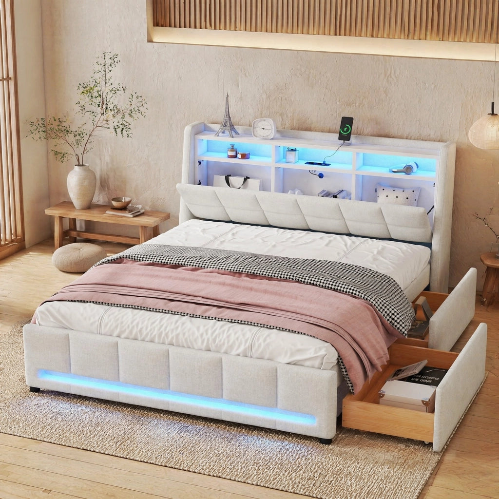 Letto imbottito 140 x 200 cm in lino e MDF, beige, con LED APP, USB, 2 cassetti e vani contenitore, senza materasso