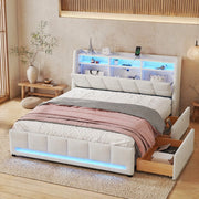 Letto imbottito 140 x 200 cm in lino e MDF, beige, con LED APP, USB, 2 cassetti e vani contenitore, senza materasso
