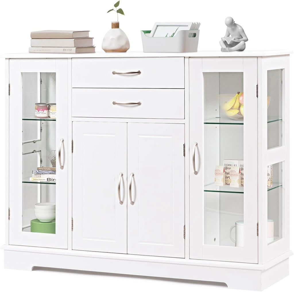 Credenza e Buffet a Ripiani, con 4 Ante e 2 Cassetti, Mensole Regolabili, Armadietto Laterale per Soggiorno, Sala da Pranzo, Cucina, 107 x 30 x 82 cm, Bianco
