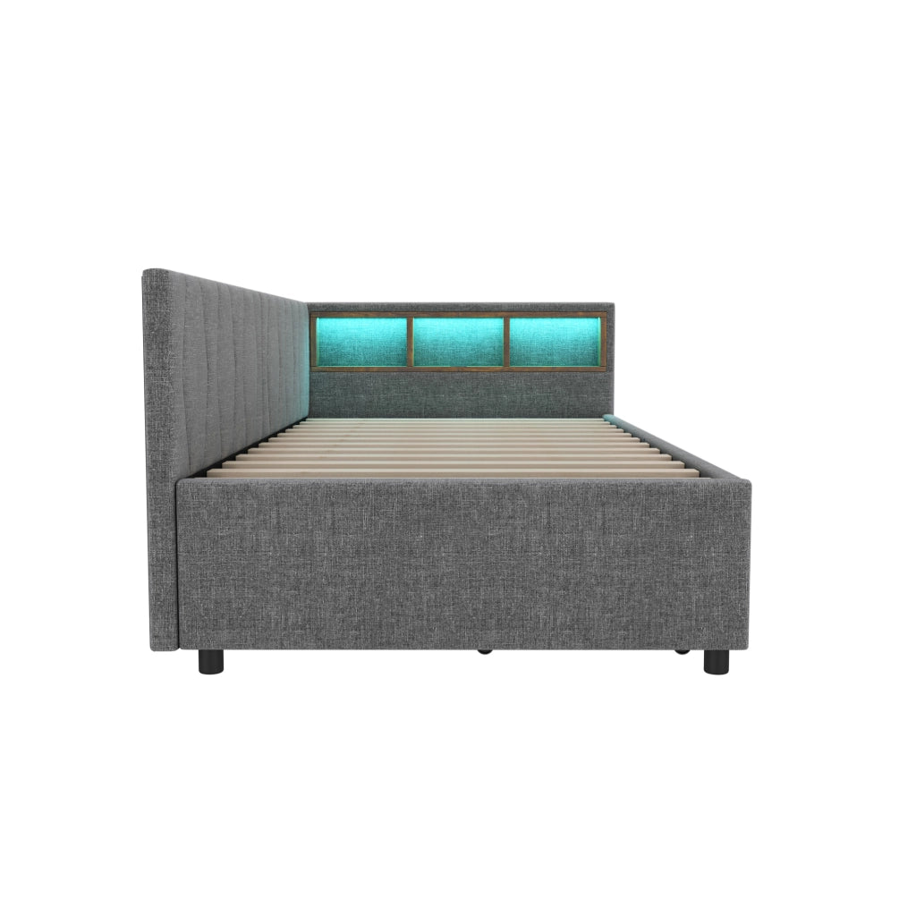 Letto daybed 90x200 cm in lino grigio con LED; USB e Type-C; 2 cassetti e vani contenitore