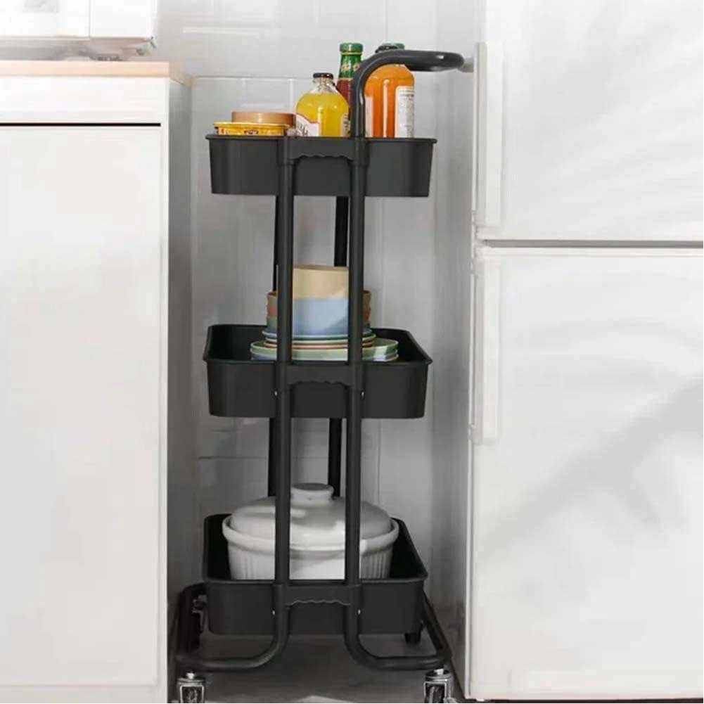 Carrello Trolley Cucina 4ruote 3 Cestini Metallo e Abs 42x35.5 H86 Salvaspazio Nero