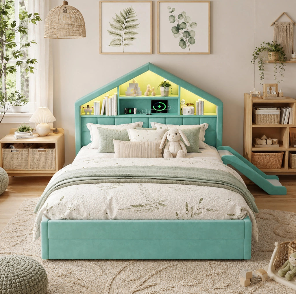 Letto per bambini imbottito 140x200 cm blu verde con scivolo montabile su entrambi i lati; LED e vano contenitore