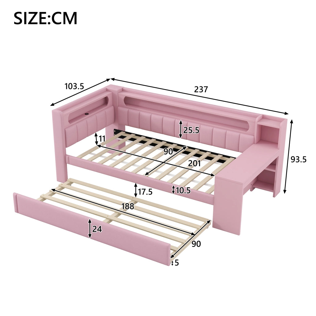 OKWISH Letto a Scomparsa 90×200 cm, Letto Singolo con Letto Estraibile 90×190 cm, USB, LED Regolabile e Scrivania, senza Materasso, Rosa