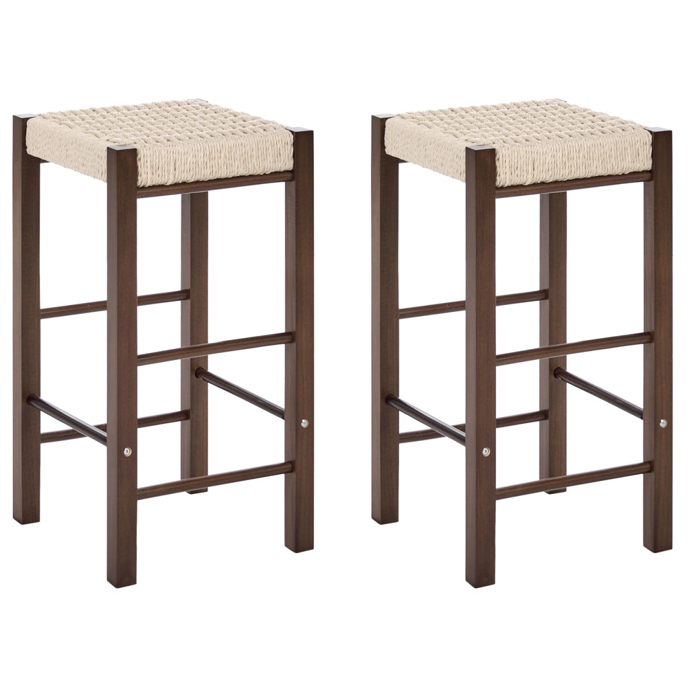 Set di 2 sgabelli da bar in legno di gomma marrone scuro con seduta intrecciata in stile boho per cucina e sala da pranzo