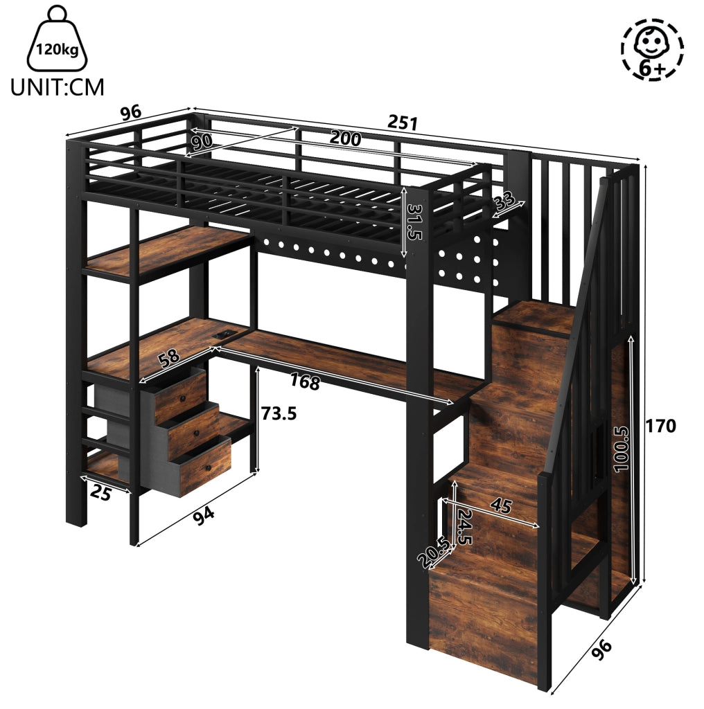 Letto a soppalco 90x200 cm con scrivania, LED e prese