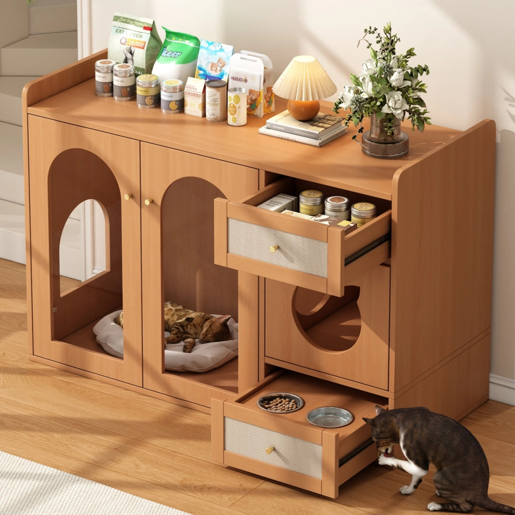 Mobile coperto per lettiera per gatti 5 in 1 con vano riposo e cassetto ciotole, in MDF e vetro, noce, 120 × 45 × 76 cm