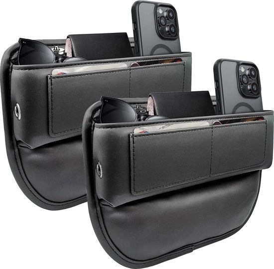 Organizzatore per sedili di auto - riempitore di sedile premium in pelle - accessori per auto per donne e uomini - per auto, SUV e camion - nero 2 pezzi