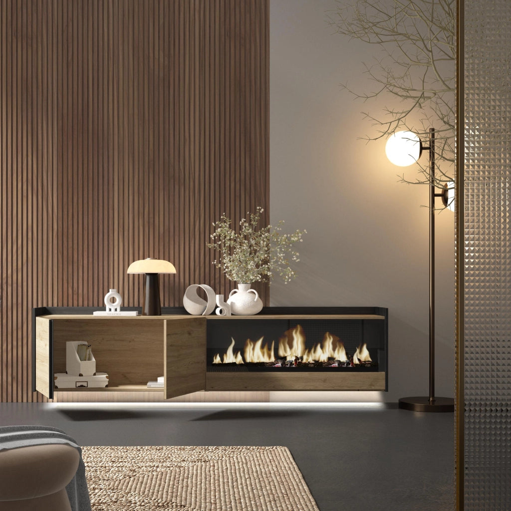 Mobile TV Soggiorno, 212x50x35 cm, Per TV fino a 80", Camino elettrico XXL, Sospeso, da appendere, LED, Rovere e nero