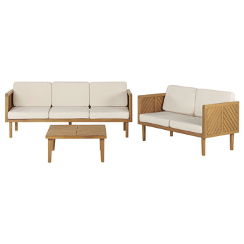Set divani da giardino in legno di acacia cuscini beige chiaro tavolino 5 posti salotto da esterno design moderno