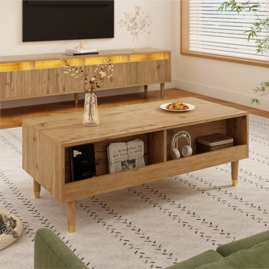 OKWISH Tavolino da Salotto Moderno con 2 Cassetti, LED Multicolore, Frontali Ondulati, per Soggiorno, MDF, Legno, 110 × 50 × 40 cm