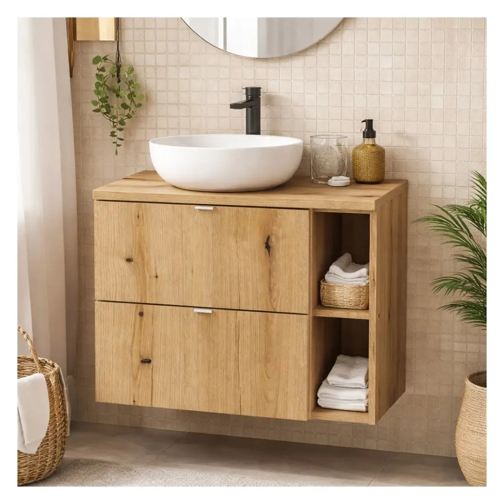 Set da bagno sospeso VANO effetto rovere 80cm: mobile sotto lavabo con cassetti + nicchie a vista + piano per lavabo