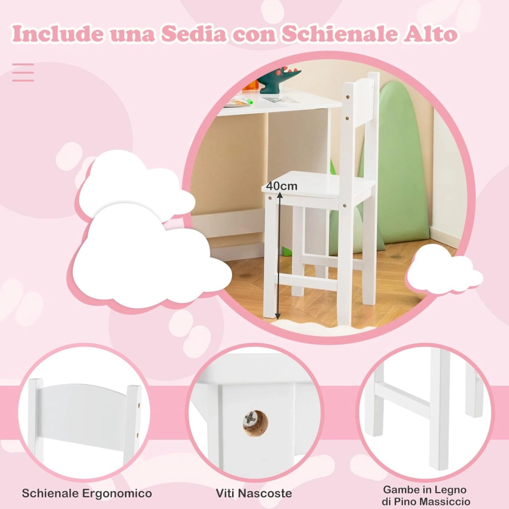 Scrivania per Bambini con Sedia, Set Tavolo e Sedia con Lavagna, Pennarello, Armadietto e Bacheca, Postazione Computer per Studenti e Tavolo da Scrittura per 3+ Anni (Bianco)