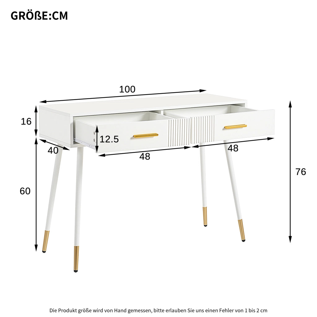 Tavolo toeletta multifunzione bianco con 2 cassetti, gambe in metallo, 100 x 40 x 76 cm