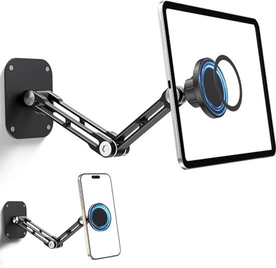 Beugolo magnetico per parete, braccio in alluminio a doppia articolazione per tablet, regolabile 360°, beugolo pieghevole per tavoli, forti magneti.