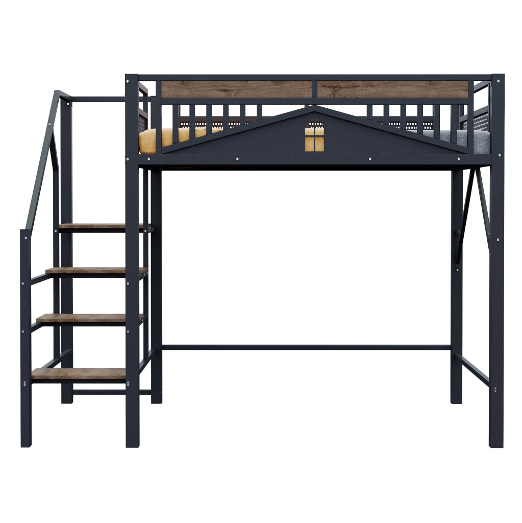 Letto a soppalco in metallo 140x200 cm con scala laterale e spazio contenitivo; nero