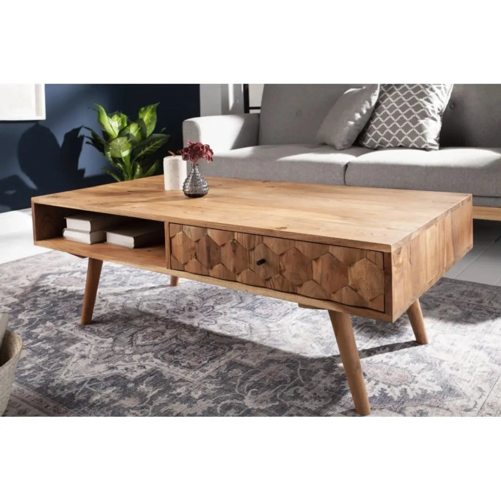 Tavolino basso SCANI 100 cm in legno di acacia massiccio verniciato stile scandinavo