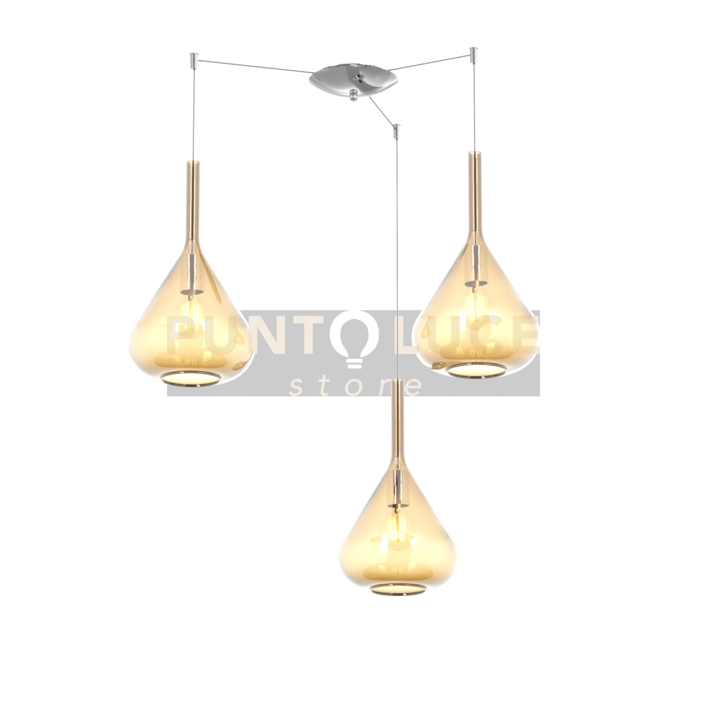 SOSPENSIONE CROMO 3 LUCI SPOSTABILE VETRI AMBRA 1177CR-S3 S-AM