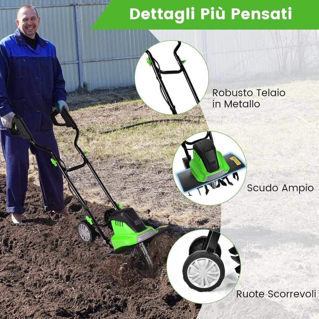 Motozappa Elettrica 1500W, Zappatrice Elettrica con Maniglia Pieghevole, Ruote Regolabili, 6 Lame, Velocità 400 PRM, Profondità 22 cm, Larghezza 43 cm (Verde, 1500 W)