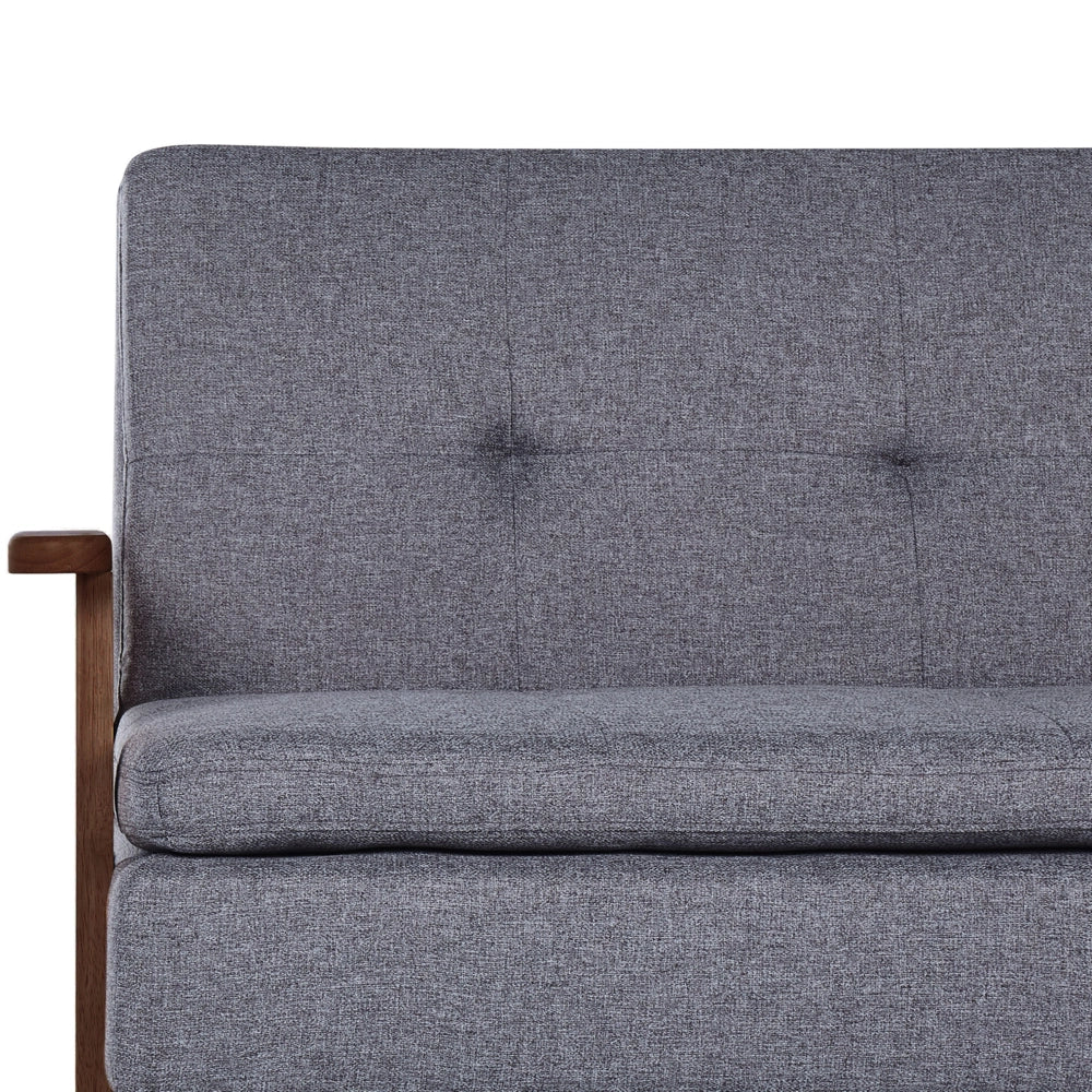 Divano letto moderno in tessuto grigio braccioli in legno scuro gambe trasformabili stile moderno