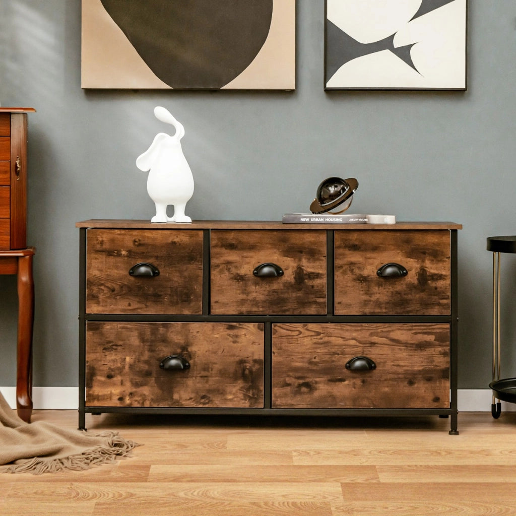 Organizer con 5 cassetti in tessuto rimovibili pieghevoli telaio in acciaio, Mobile spazioso Marrone-Credenze buffet