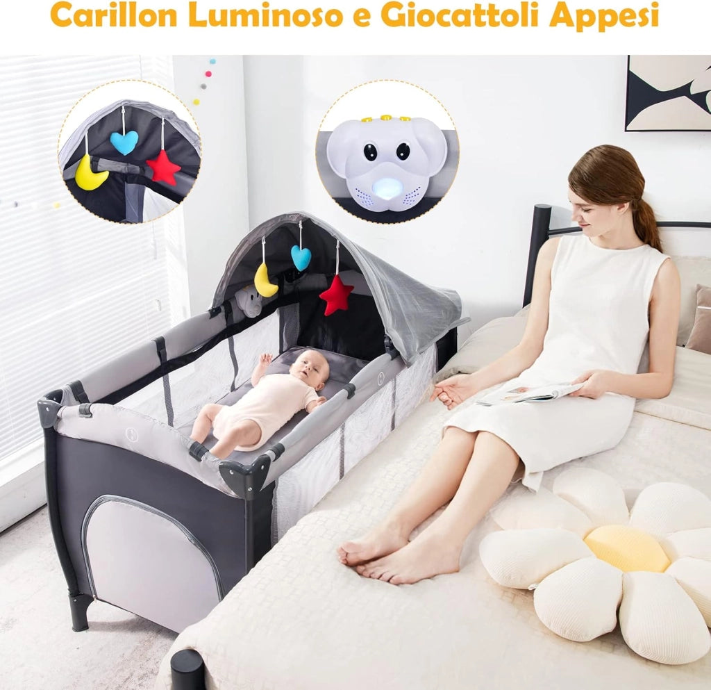 Lettino Campeggio per Bambini, Lettino da Viaggio Pieghevole con Fasciatoio, Culla Lettino per Neonati, con Giocattoli, Zanzariera, Box Portatile con Borsa, per Bambini 0-36 Mesi (Grigio)