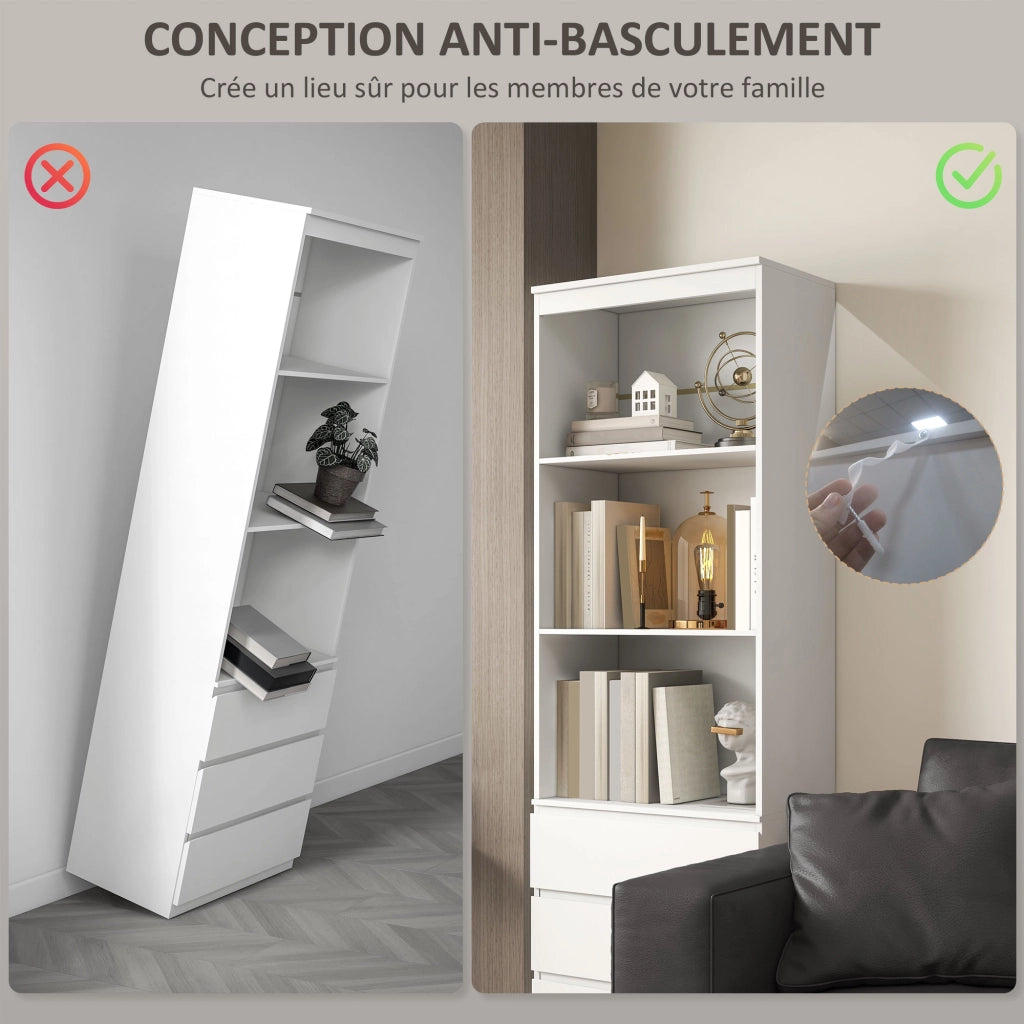 Libreria con 3 ripiani e 3 cassetti ¨C zephmum ¨C 60x35x180 cm in legno bianco
