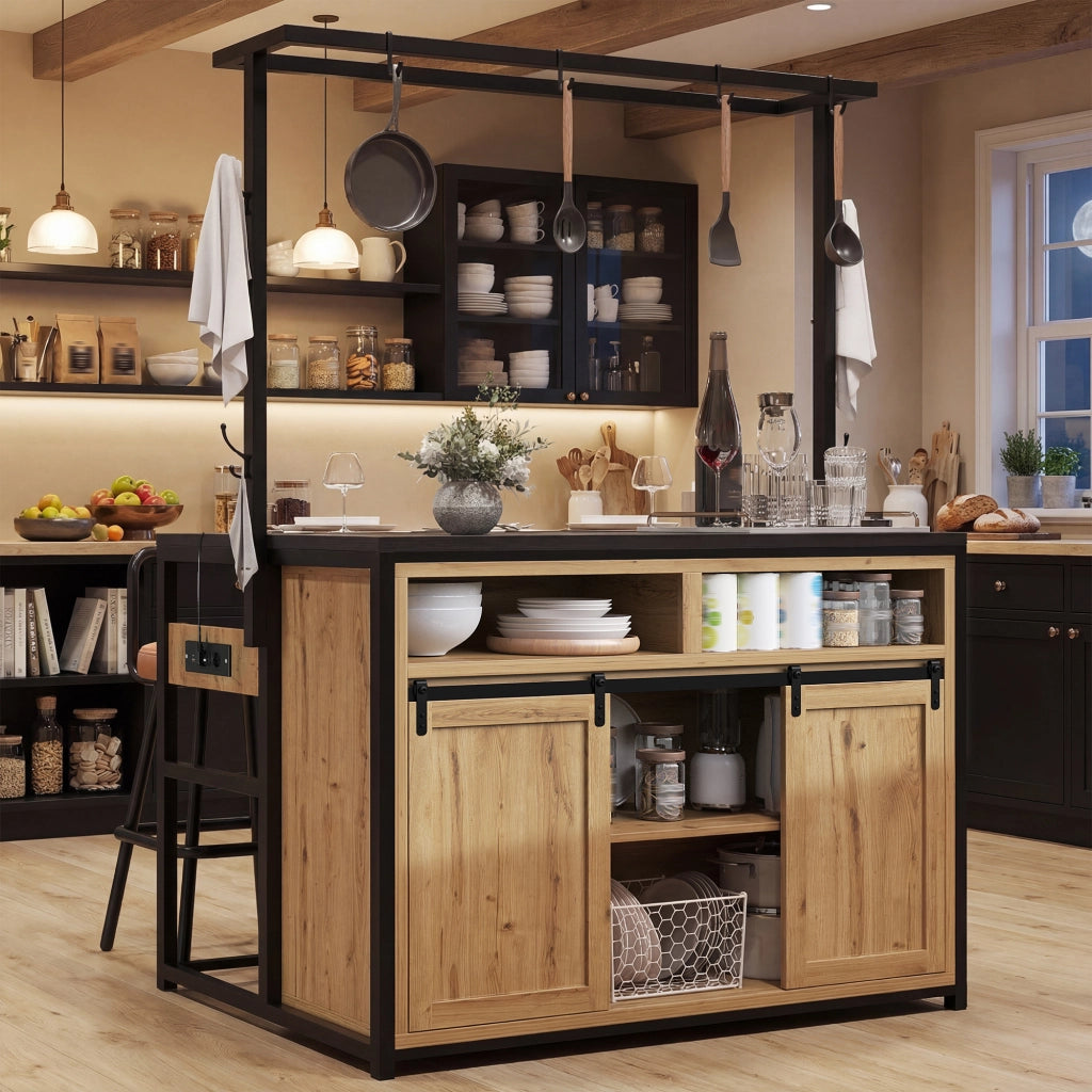 Mobile da cucina con 2 sgabelli; prese integrate; vani aperti e ante scorrevoli; per cucina e sala da pranzo