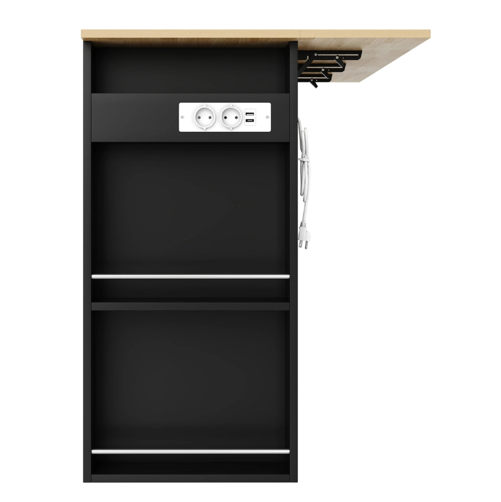 Isola da cucina con piano ribaltabile; presa 2 AC e 2 USB; MDF; 120 x 75 x 97 cm; nera