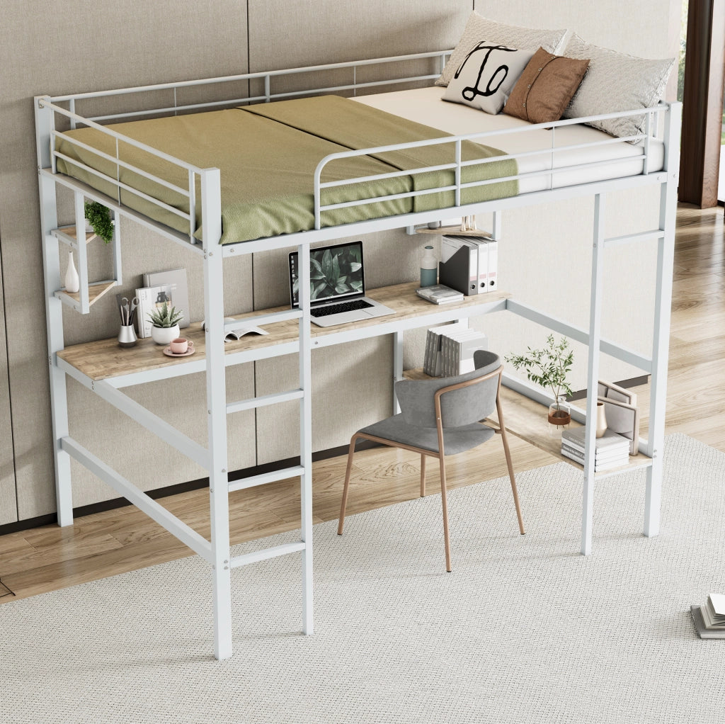 Letto a soppalco 140x200 cm in metallo con scrivania e libreria