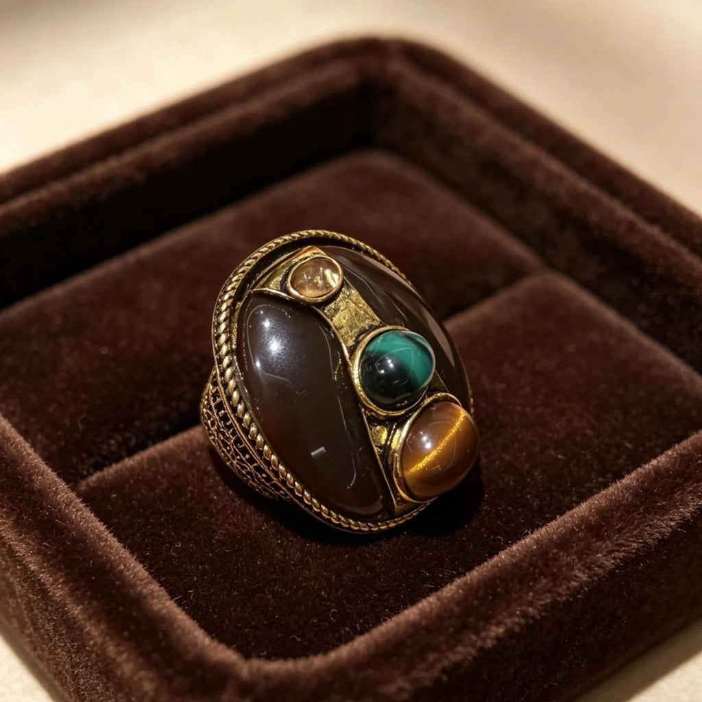 Anello di lusso sobrio in turchese blu occhio di tigre, in stile francese.