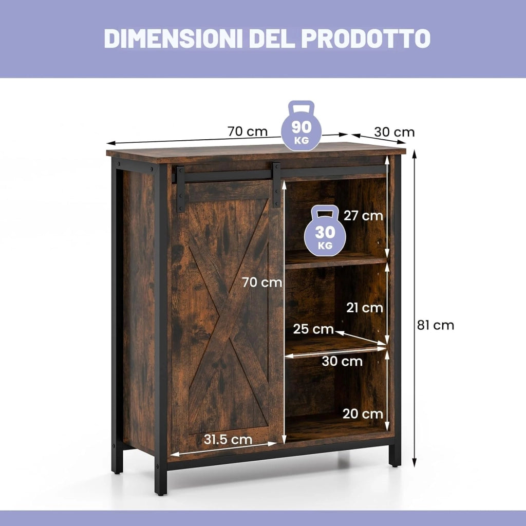 Credenza da Cucina, Mobile Buffet con Porta Scorrente in Stile Granaio, Armadio da Pranzo con 6 Scompartimenti e Ripiani Regolabili a 3 Livelli, Mobile Industriale, 70 x 30 x 81 cm