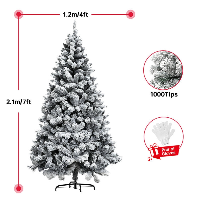 Albero di Natale in pino innevato super spesso con base a croce in ferro pieghevole, effetto neve realistico con rami che si aprono a ombrello (210cm)