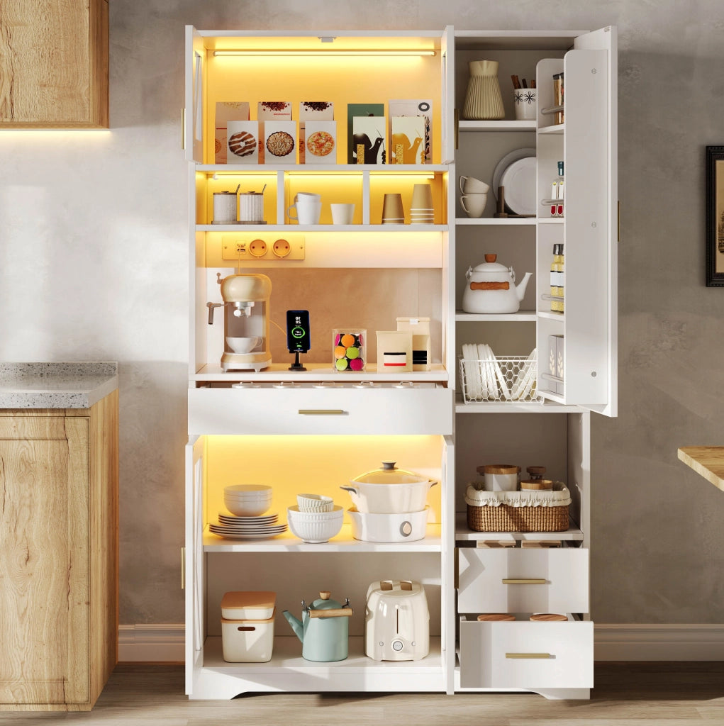 Colonna da cucina 105x40x185 cm in MDF bianco, stile rustico, con LED e prese