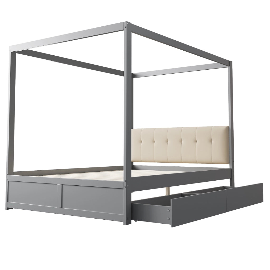 LETTO a tenda 140x200 cm con 2 cassetti e testiera imbottita grigio
