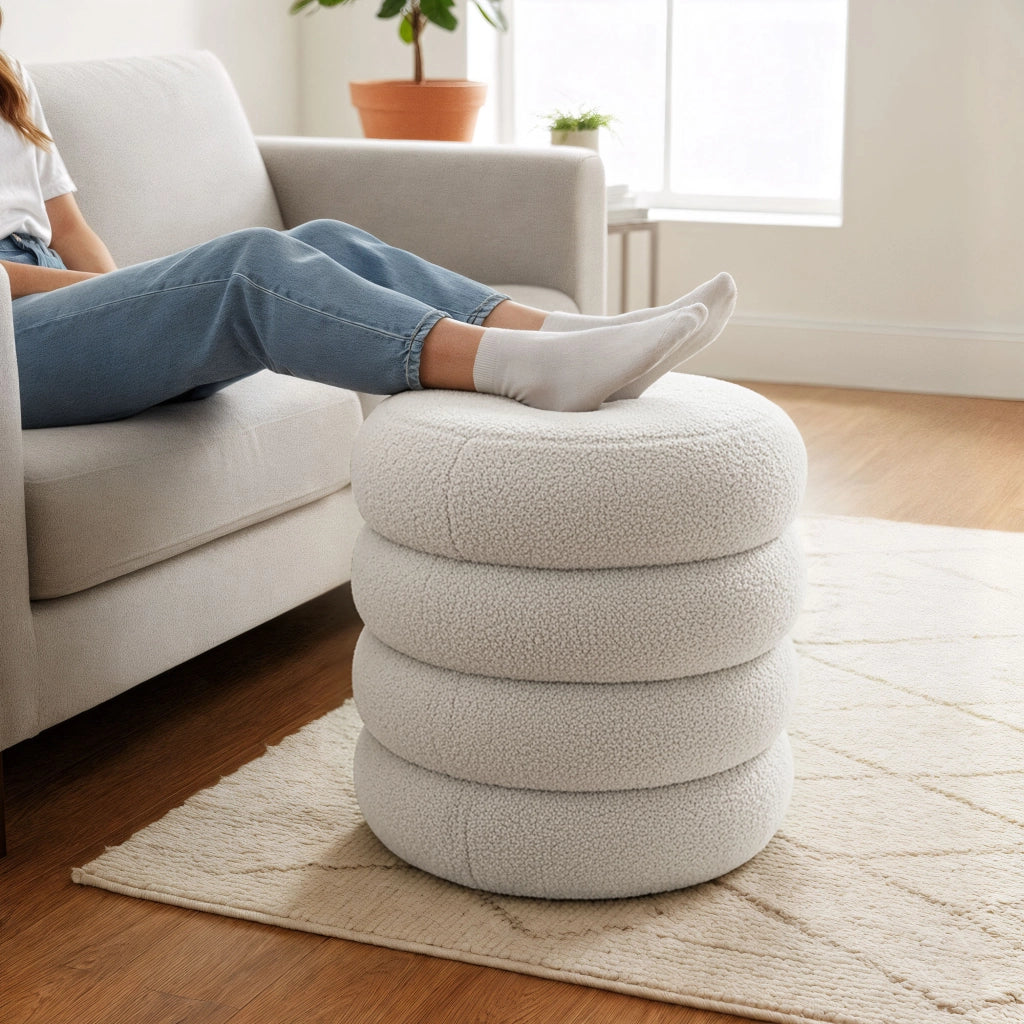 Pouf contenitore cilindrico in tessuto teddy 42 cm SNUGGO Bianco Nebbia