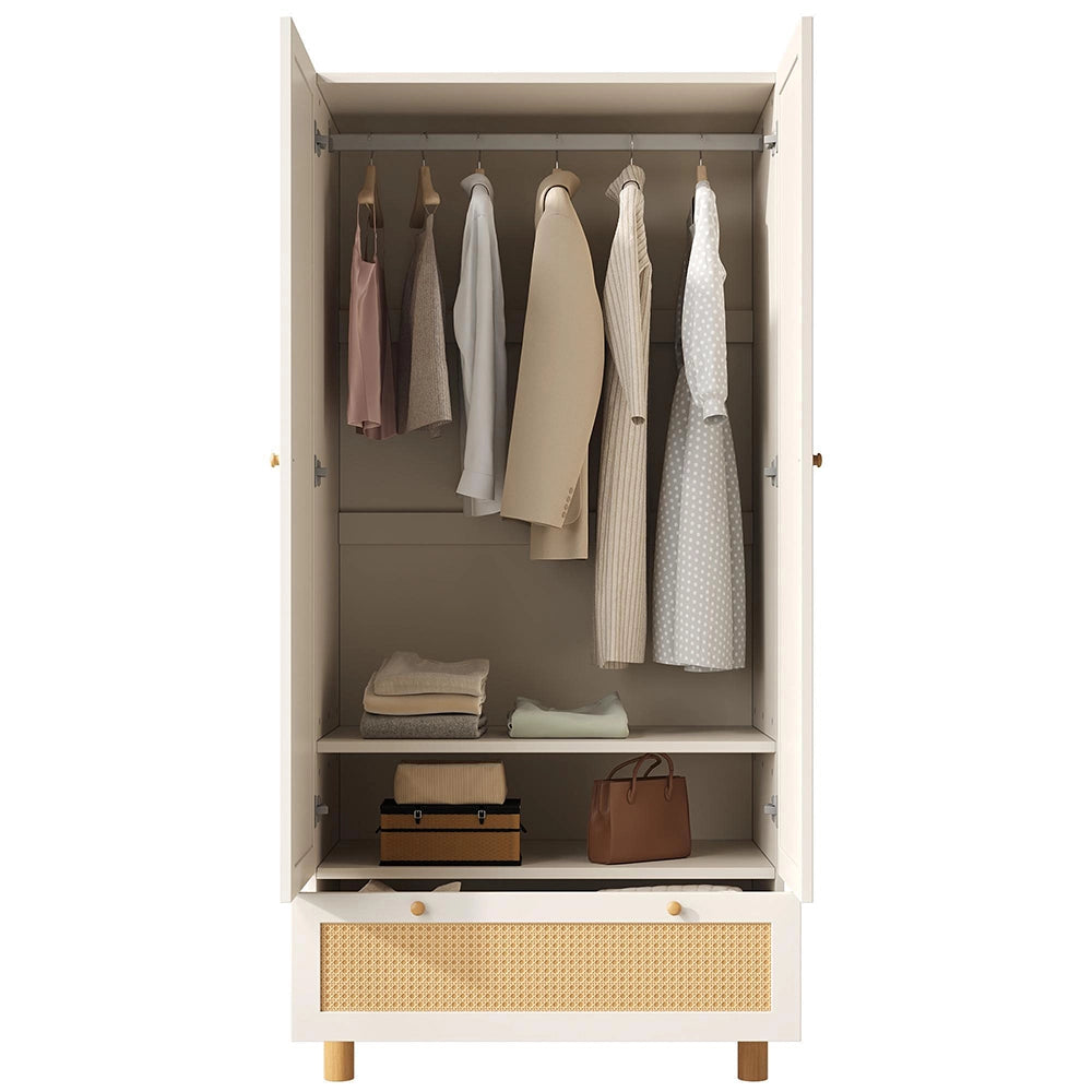 Armadio guardaroba 2 ante con vimini - Xylo - stile cottage, grande cassetto, ripiani regolabili, bianco, 180x85x52 cm