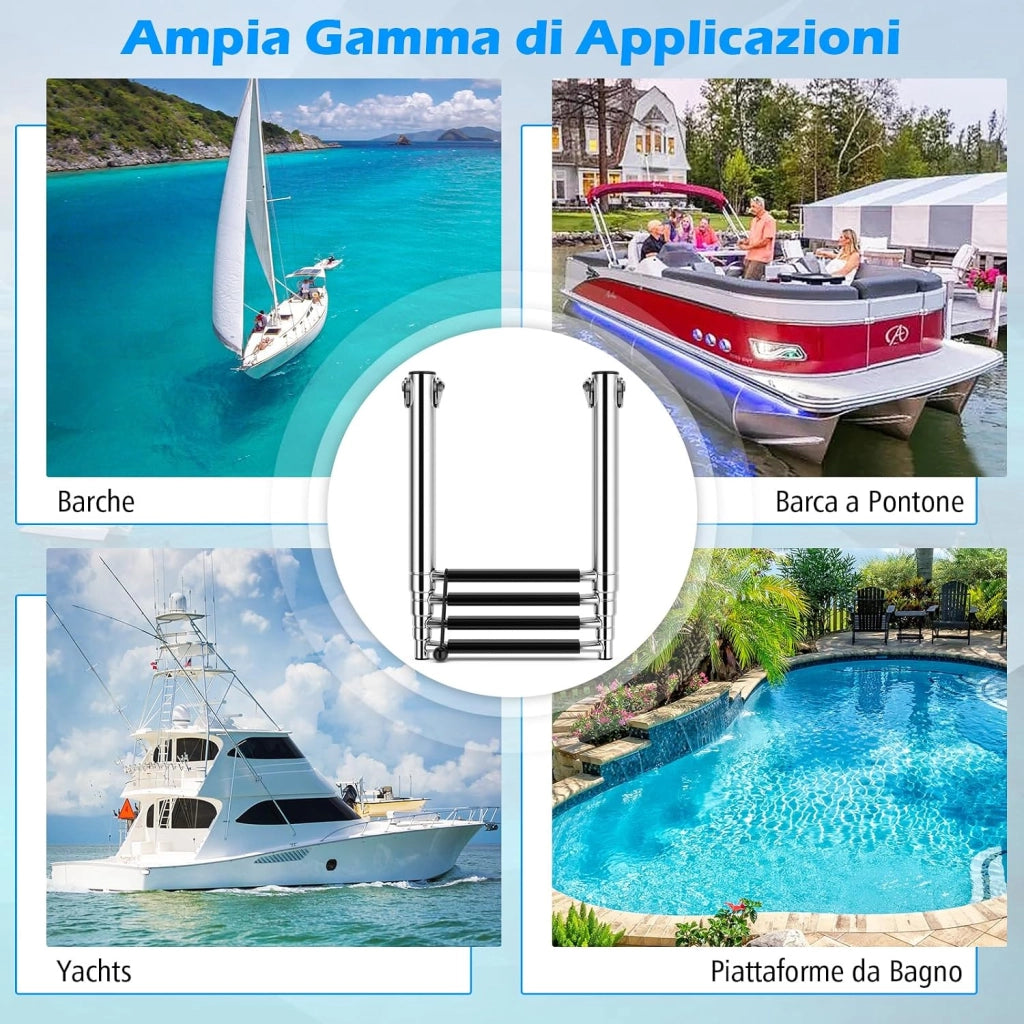 Scala Telescopica per Barca a 4 Gradini, Scala Pieghevole Estendibile con Gradini Antiscivolo, Scala in Acciaio Inox Resistente per Piscina, Carico 227 kg