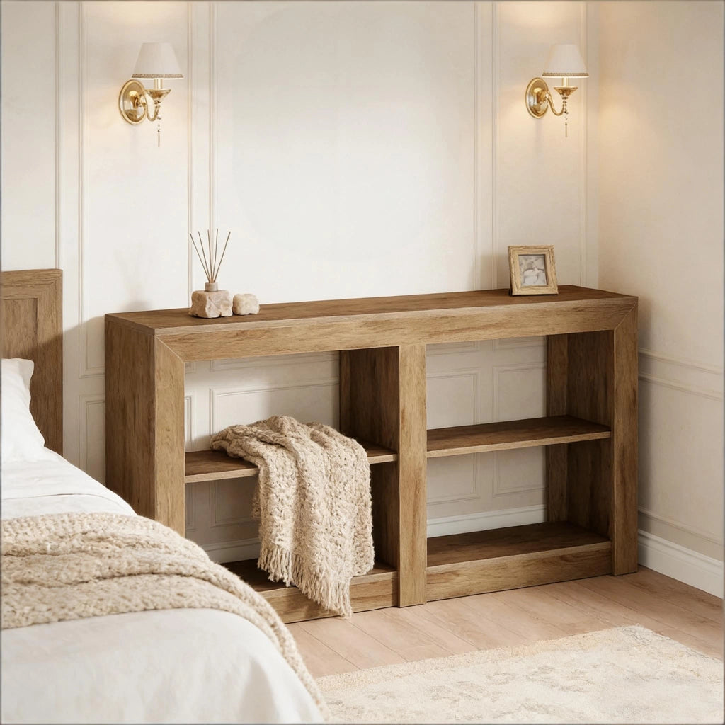 Consolle con 3 ripiani aperti e vano inferiore a 4 scomparti, per ingresso, in MDF, marrone, 150 × 35 × 85 cm